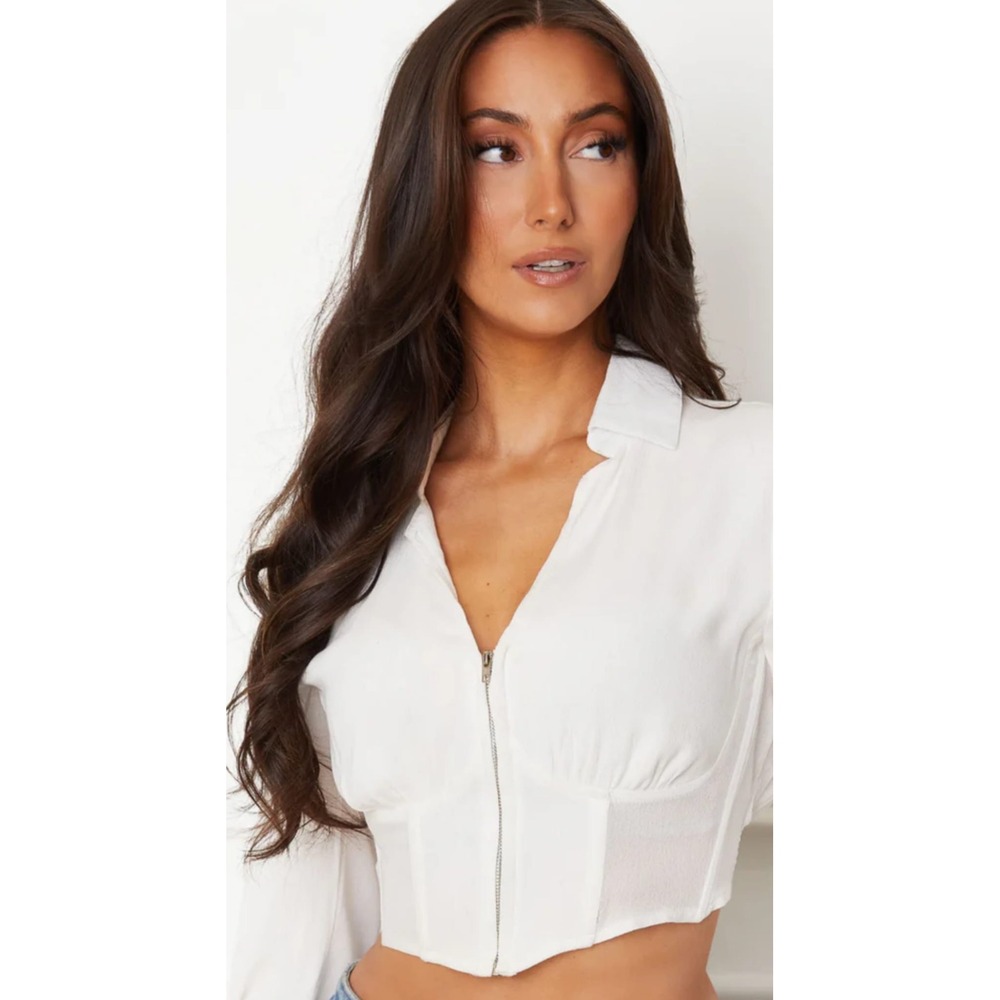 (20) Story on Los Angeles White Satin Zip Front Corset Crop Blouse Top Large NWT